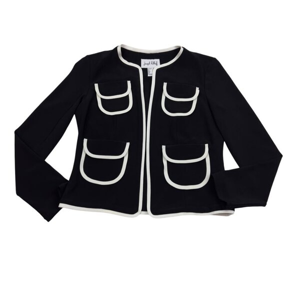 Joseph Ribkoff Black/White Piped Front Pocket Open Front Jacket Women's Size 6 - Picture 1 of 8